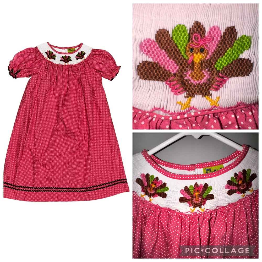 Stellybelly Baby Girl Dress Pink Polka Dot Turkey Smocked Thanksgiving Holiday